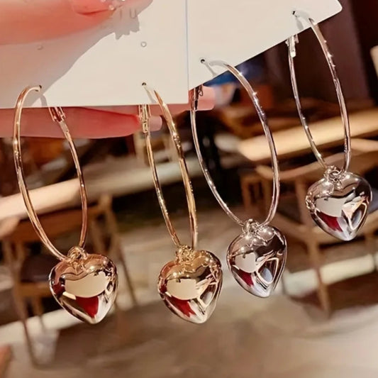 Heart-Shaped Pendant Hollow Hoop Earrings - Fashion Alloy Jewelry for Women - Luxury Style for Date Nights and Vacations