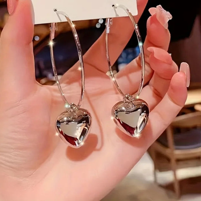 Heart-Shaped Pendant Hollow Hoop Earrings - Fashion Alloy Jewelry for Women - Luxury Style for Date Nights and Vacations